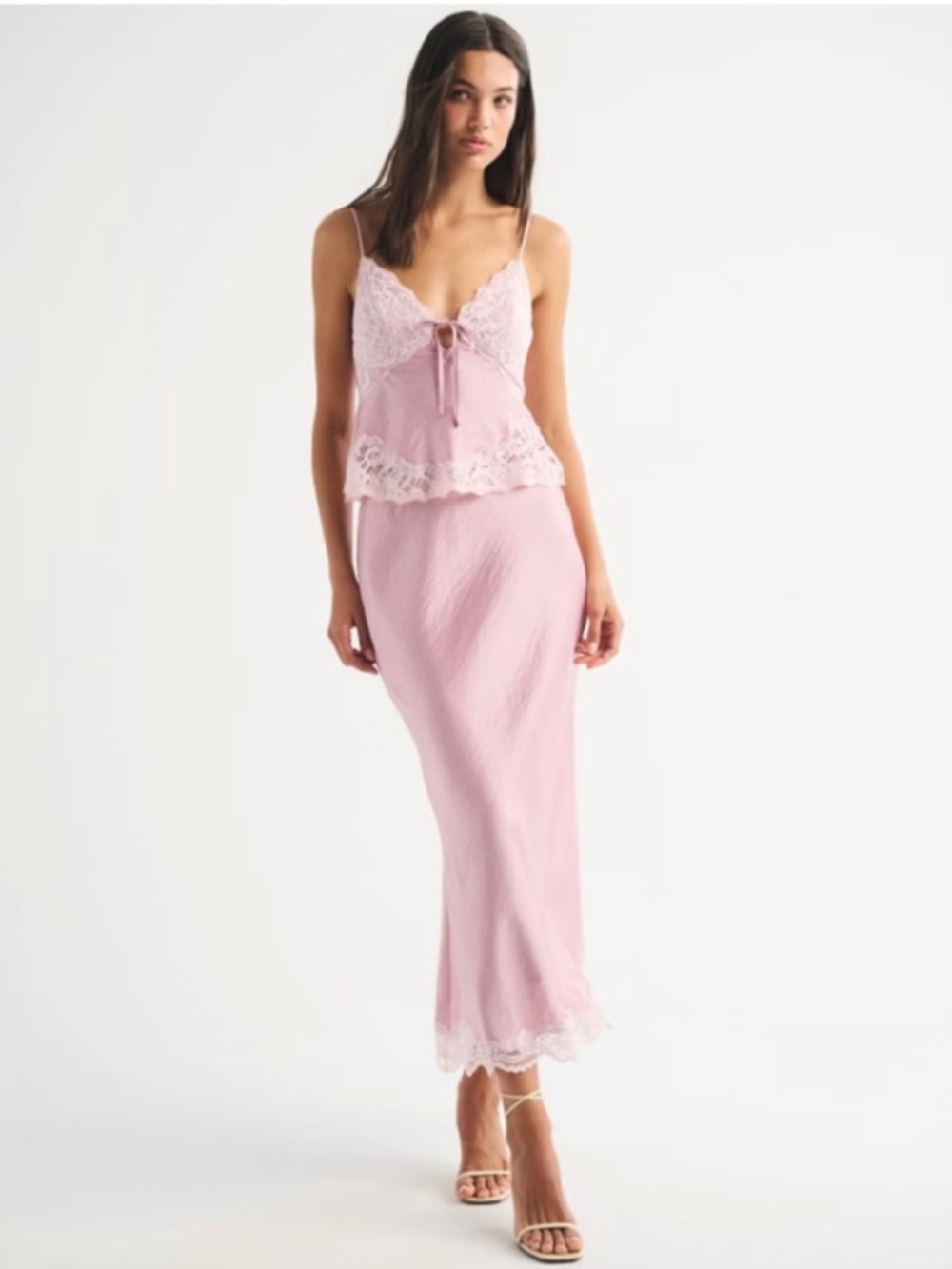Abercrombie & Fitch Blush Pink Satin Lace Maxi/Bra-Free Too Set
